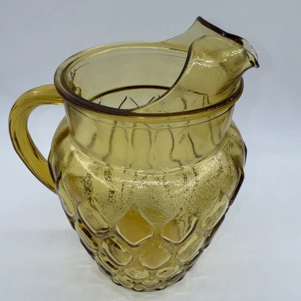 Glass Pitcher w/Ice Lip Anchor Hocking Madrid Amber‎ Honey Gold 78 oz Diamond
